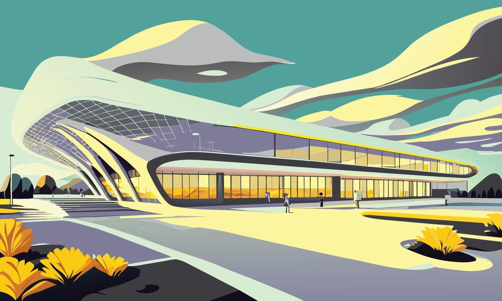 graphics. A landscape in lilac and yellow tones with a futuristic pavilion against the sky vector