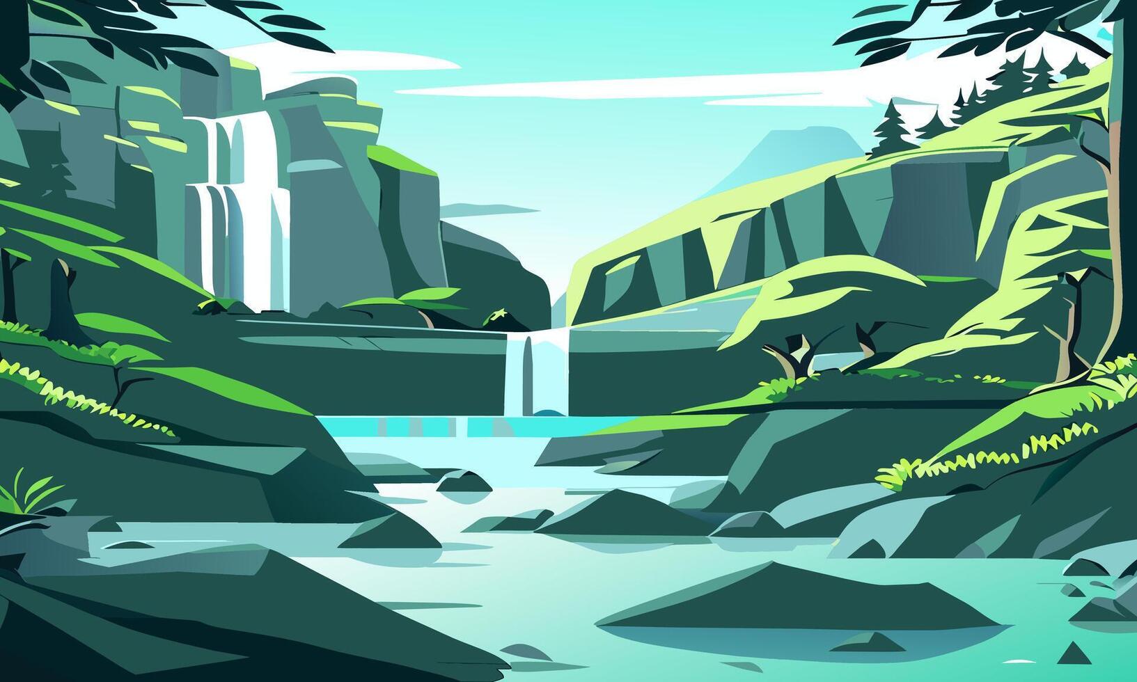 Landscape with a mountain waterfall, illustration. vector