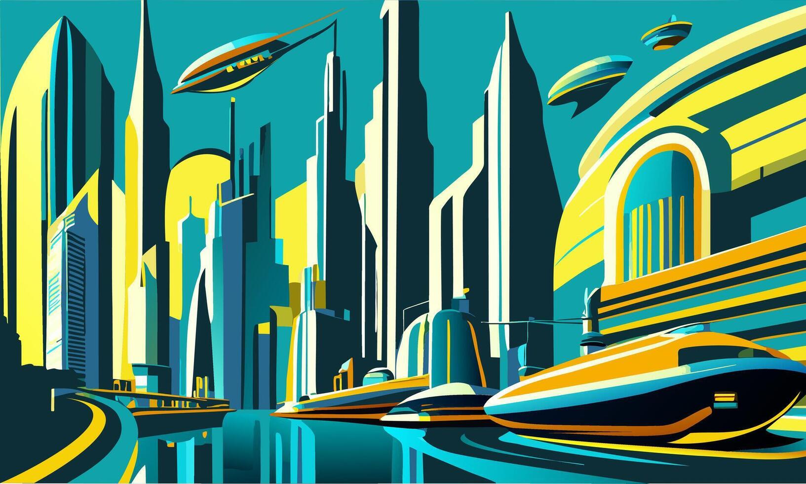 Vintage illustration on the theme of a fantastic cityscape under a blue sky. vector