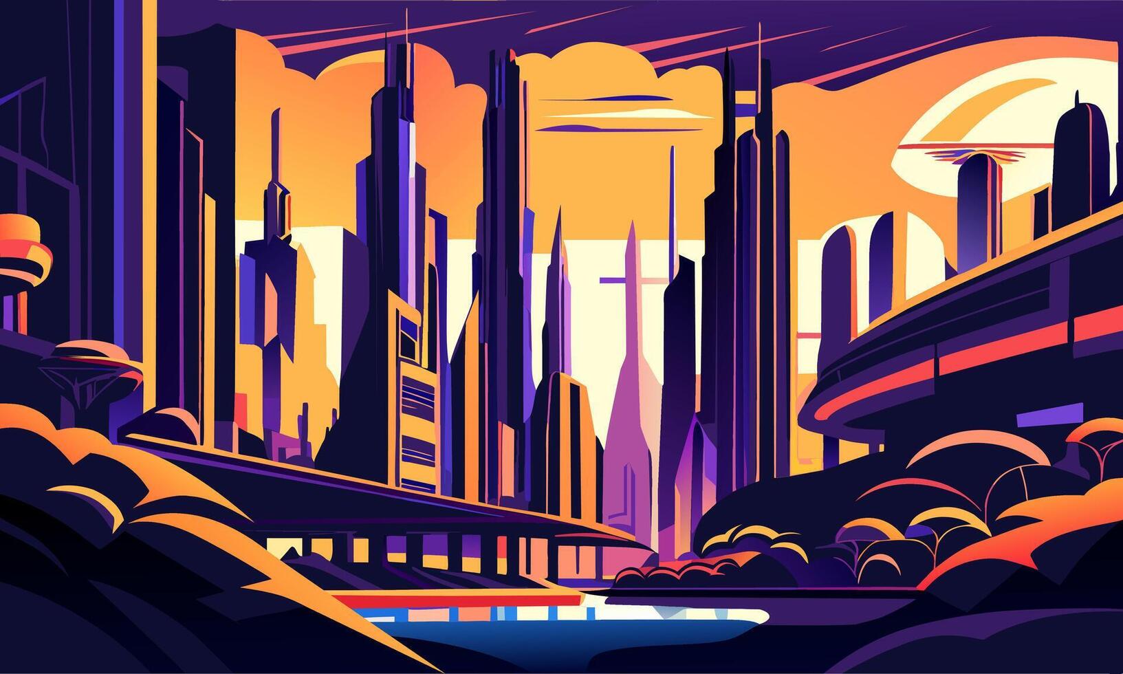 Fantastic retro poster with a futuristic cityscape concept. vector