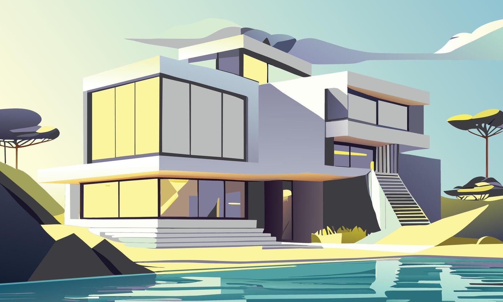 graphics. A southern landscape with a modern cottage on the ocean vector