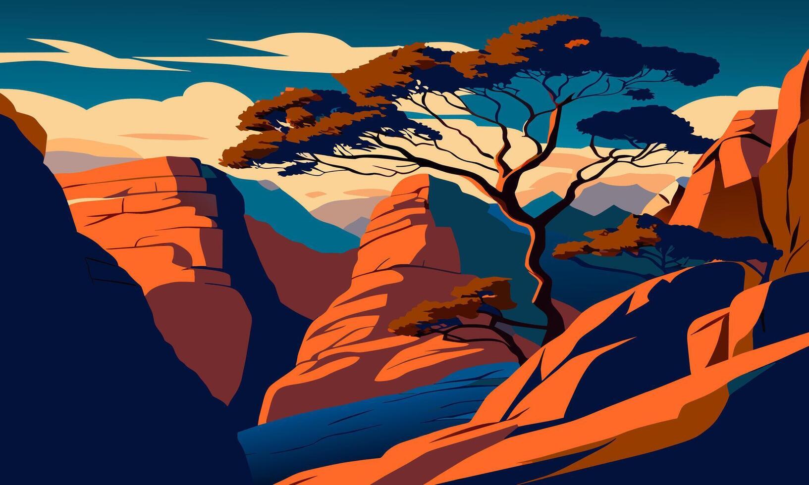 Vibrant landscape with a tree on a mountain cliff, illustration. vector