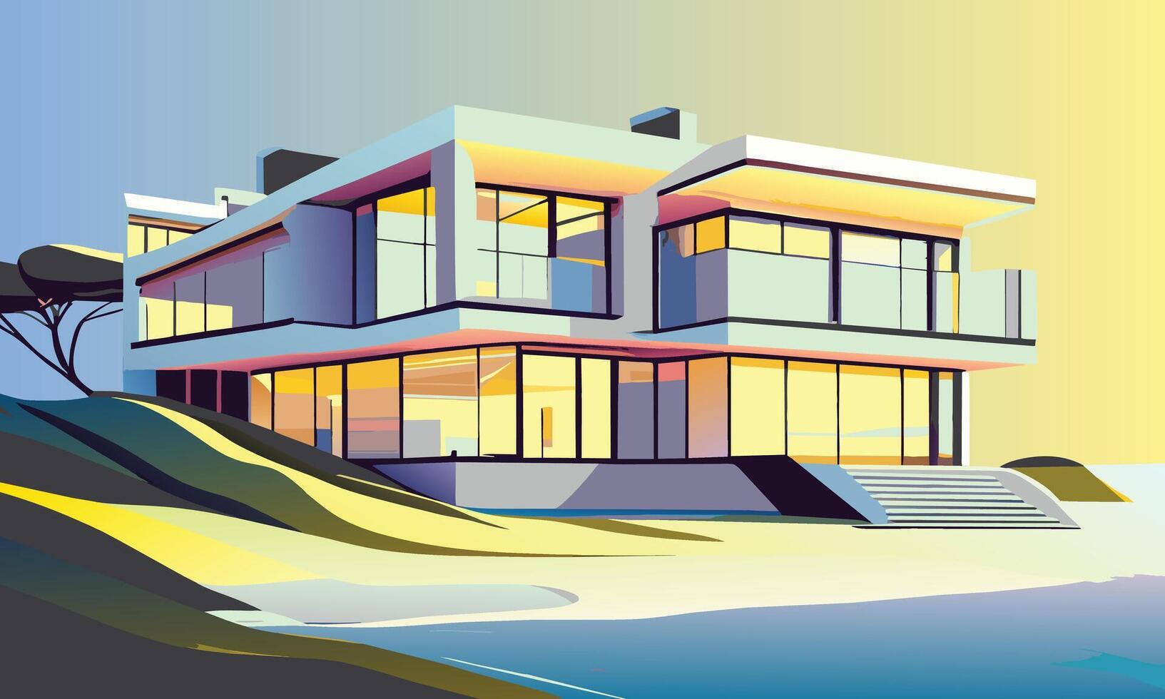 graphics. A landscape in lilac and yellow tones with a beautiful villa near the ocean vector