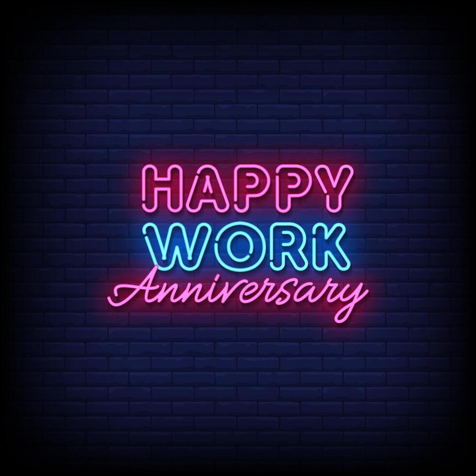 happy work anniversary neon sign with brick wall background vector