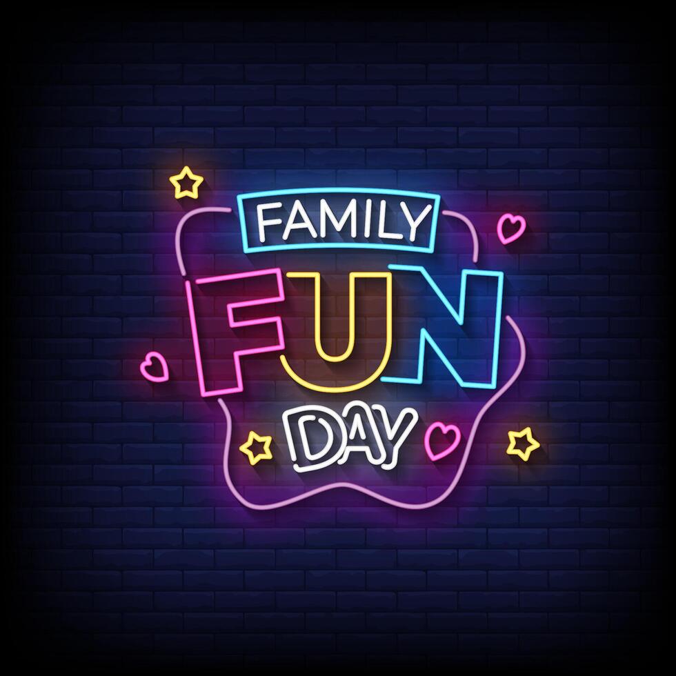 family fun day neon sign with brick wall background vector