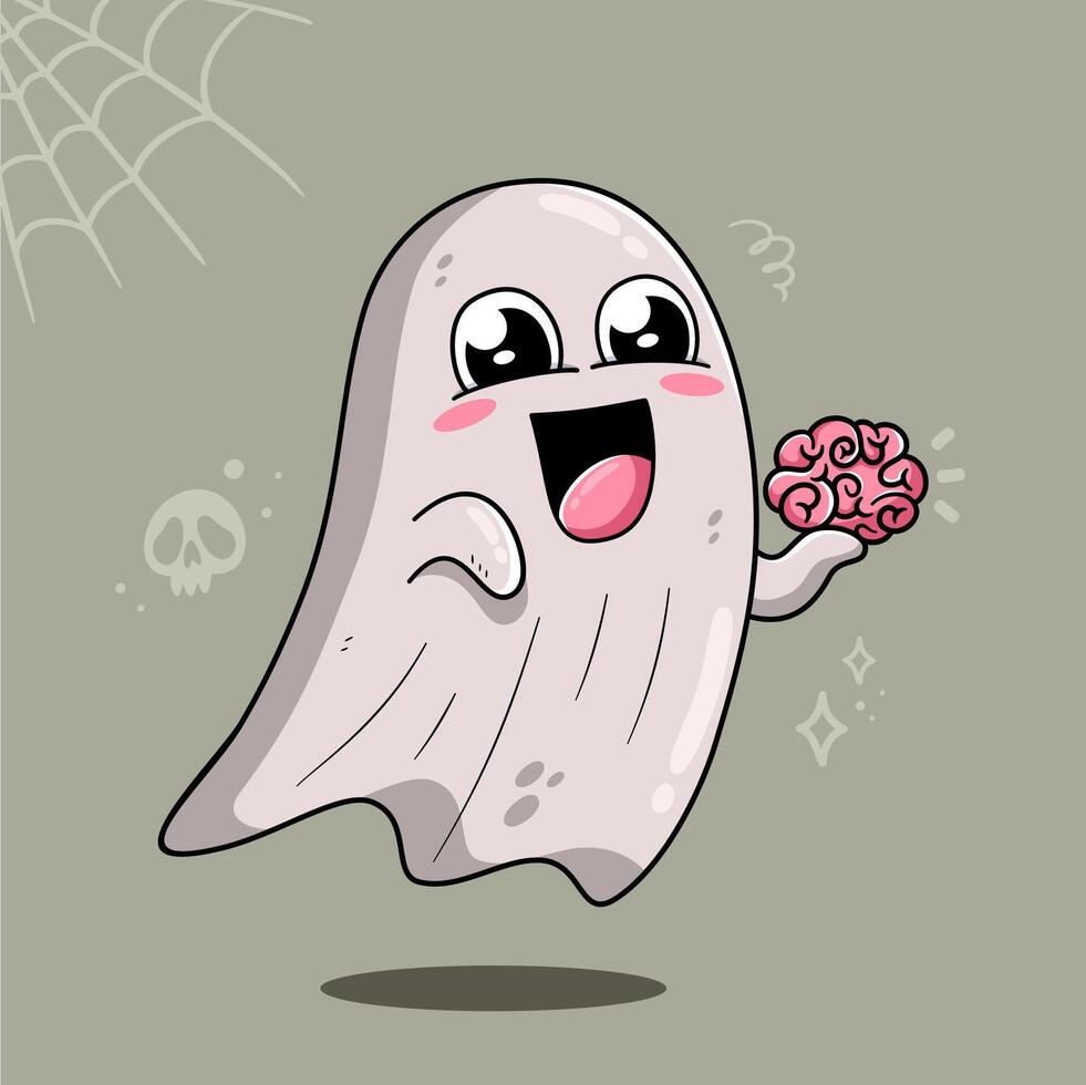Adorable Ghost Bring Brain Illustration vector