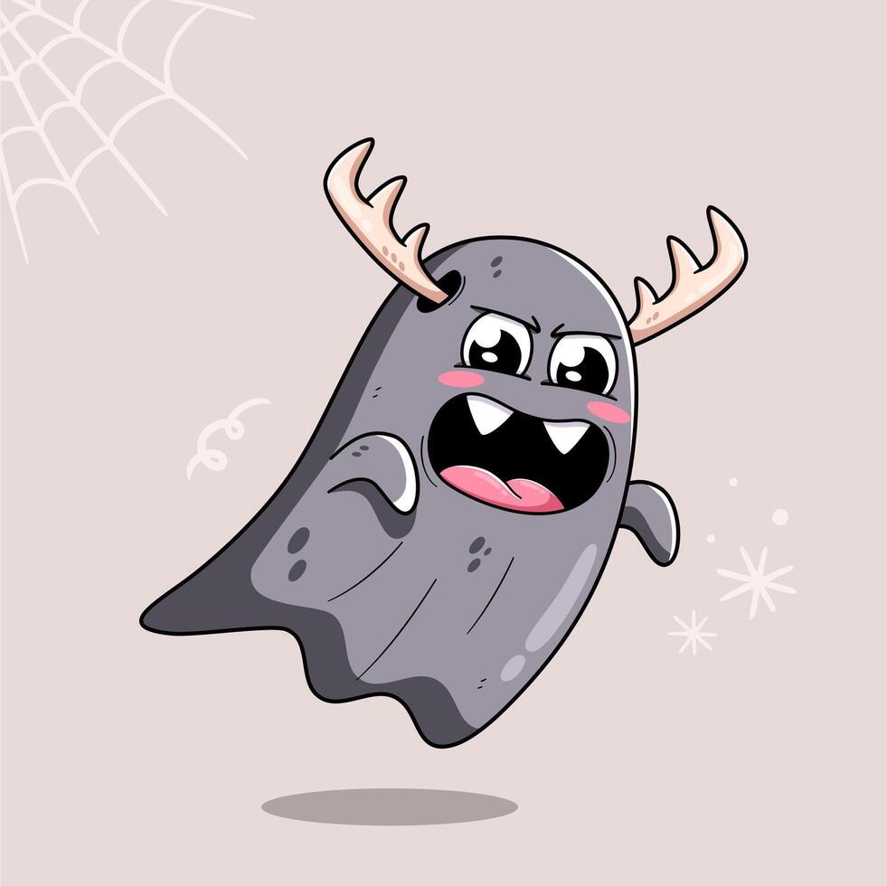 Cute Scary Ghost With Horns Illustration vector