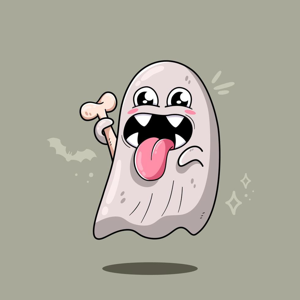 Illustration Cute Ghost Hold A Bone vector