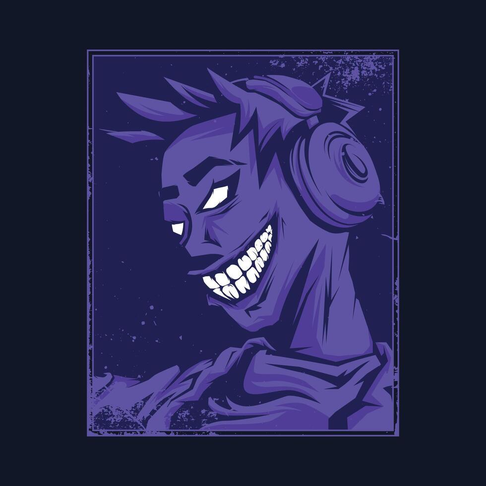 Gamer character with sinister expression and exaggerated smile, illustration for shirts vector