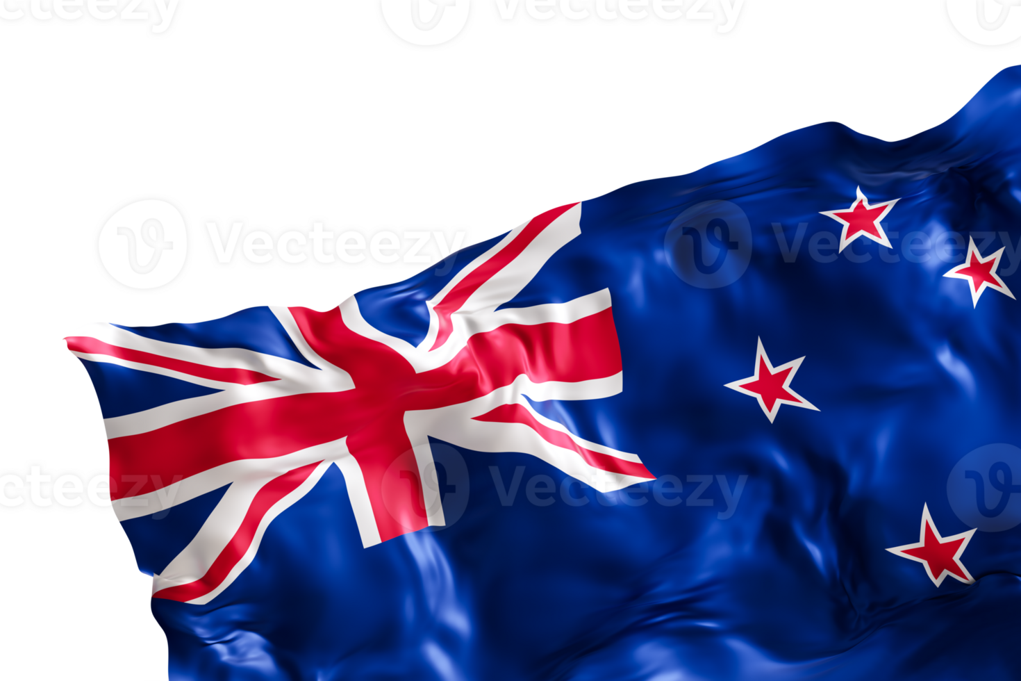Realistic flag of New Zealand with folds, on transparent background. Footer, corner design element. Cut out. Perfect for patriotic themes or national event promotions. 3D render. png