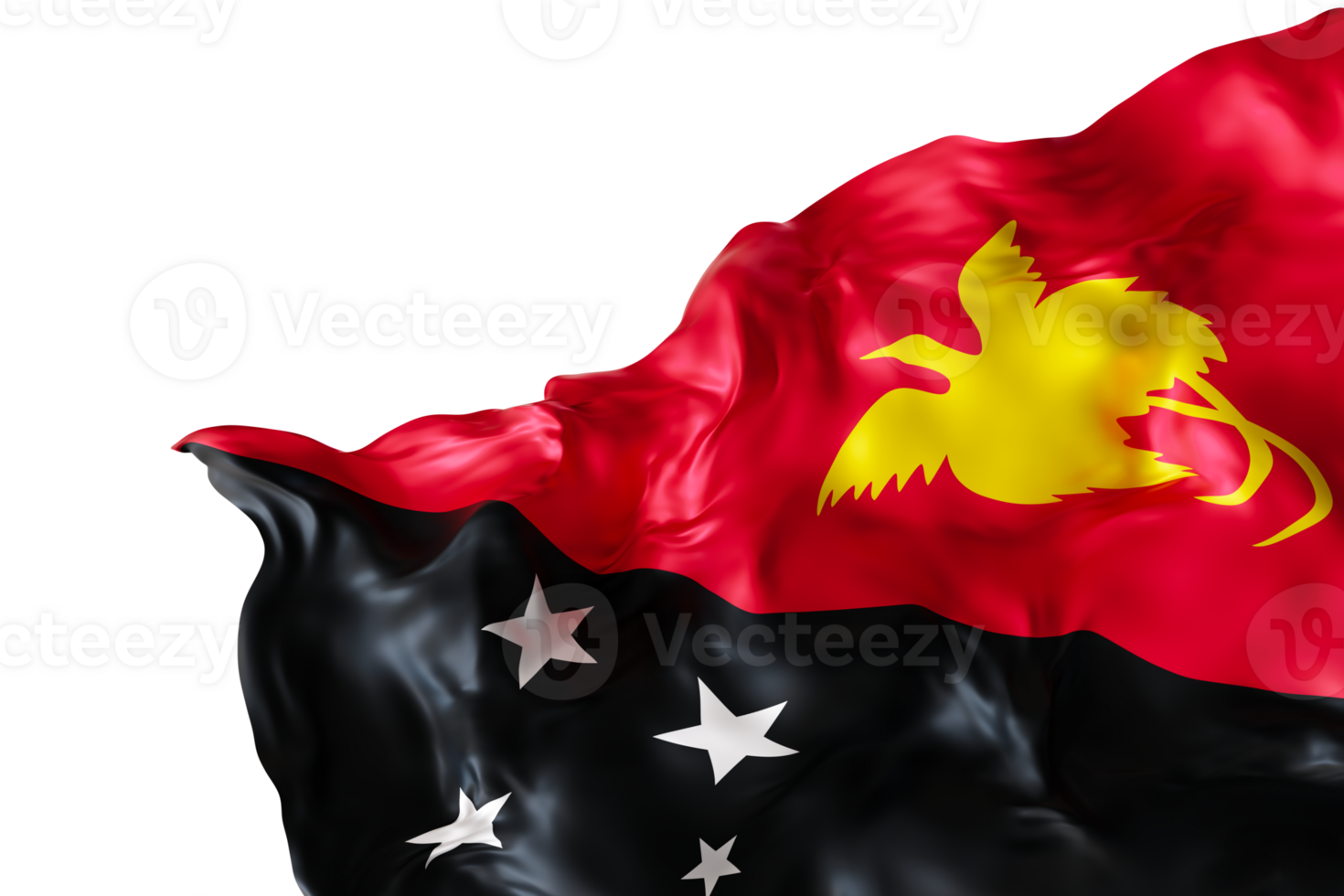 realistisch vlag van Papoea nieuw Guinea Aan transparant achtergrond. voettekst, hoek ontwerp element. besnoeiing uit. perfect voor patriottisch thema's of nationaal evenement promoties. 3d veroorzaken. png