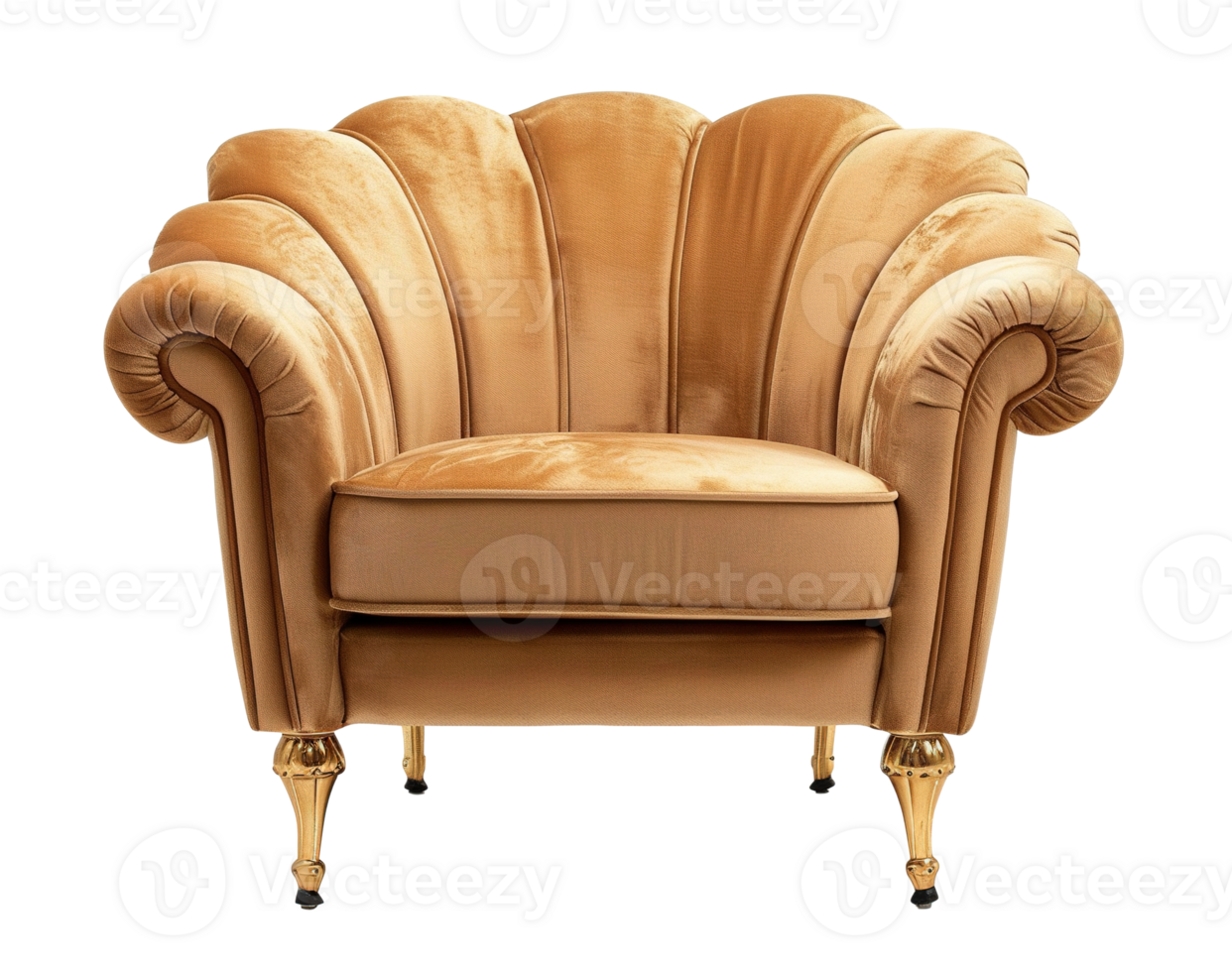 Sumptuous gold velvet armchair featuring curved lines and luxurious cushioning, set on polished golden legs. Lounge chair on transparent background. Cut out furniture. Front view. png