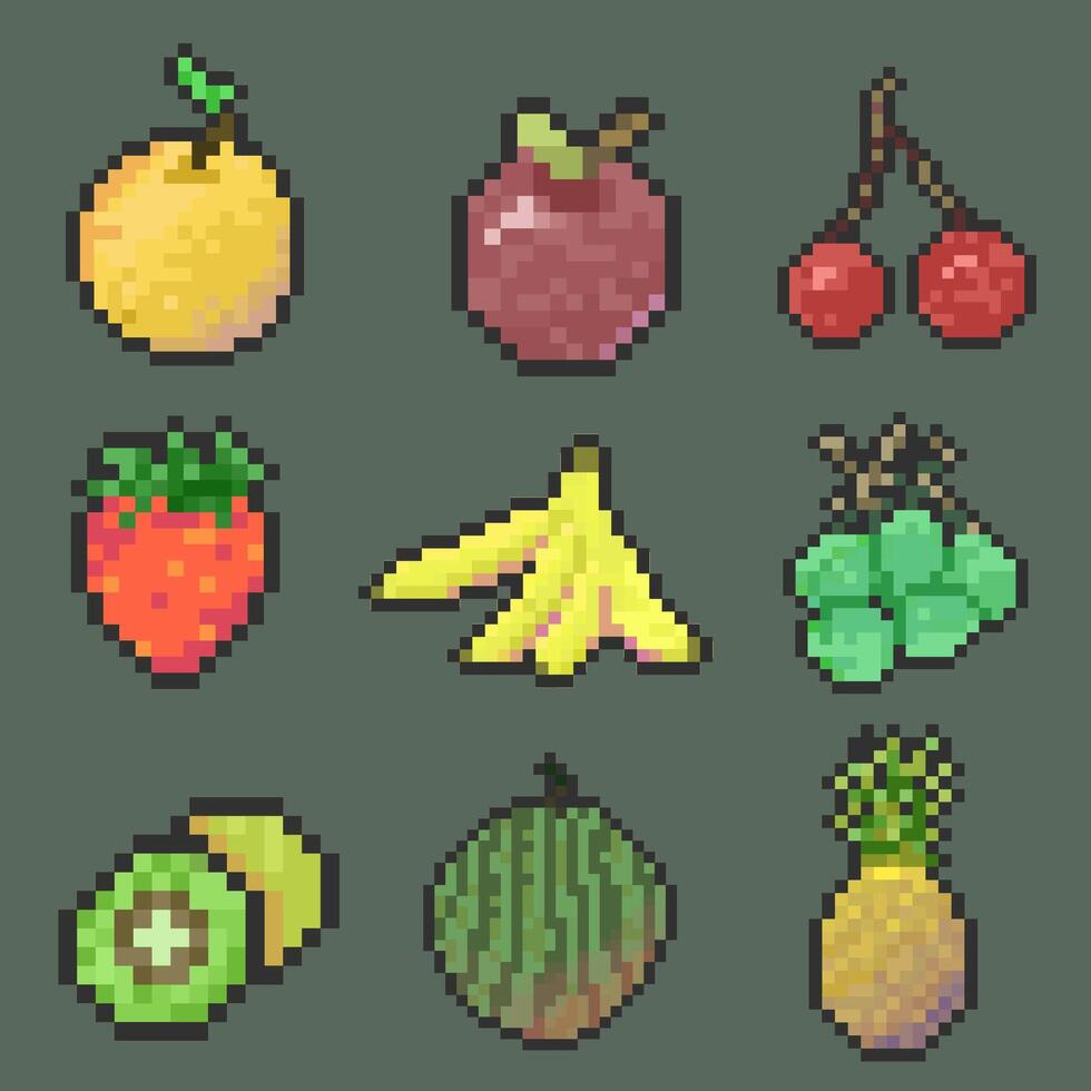 bundle fresh fruit pixel art vector