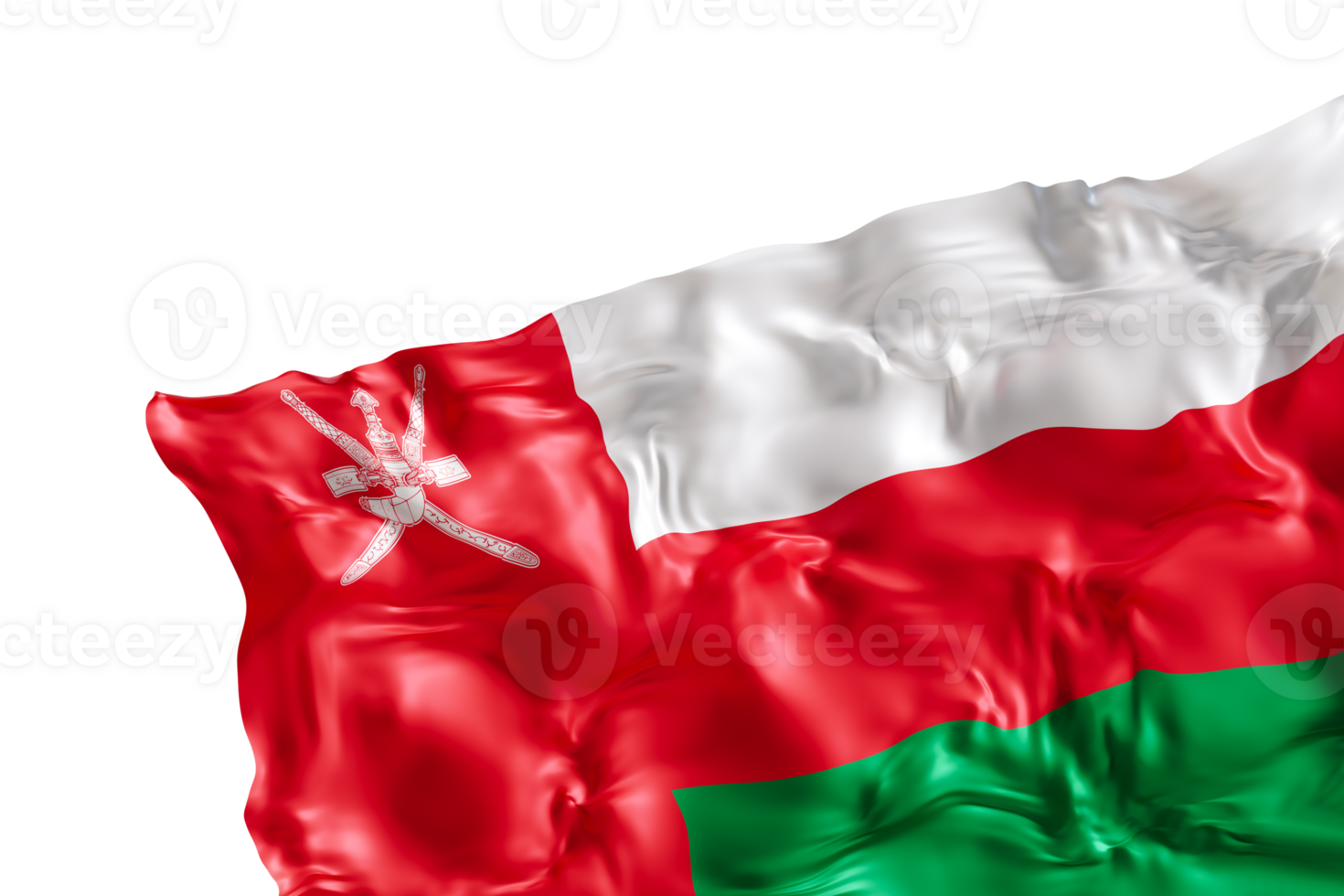 Realistic flag of Oman with folds, on transparent background. Footer, corner design element. Cut out. Perfect for patriotic themes or national event promotions. 3D render. png