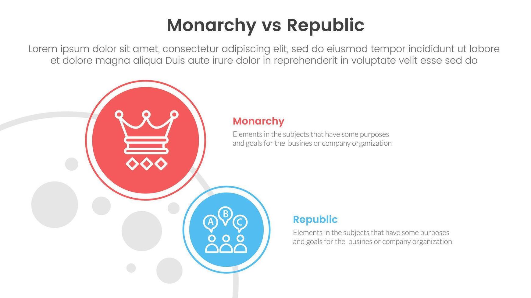 Constitutional monarchy vs republic comparison or versus concept for infographic template banner with big and small circle on left column with two point list information vector