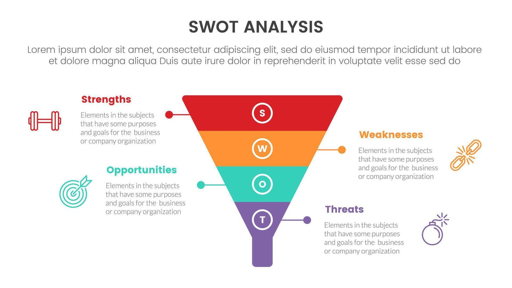 swot analysis concept infographic template banner with funnel shape on center 4 point list information vector