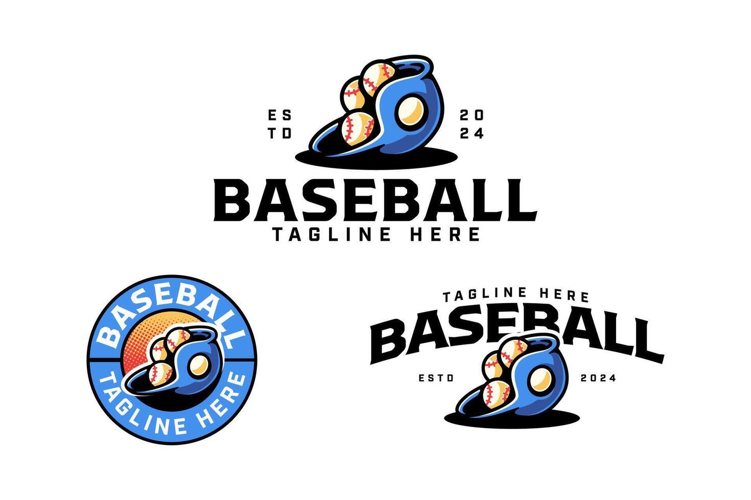 blue baseball helmet with baseballs logo design collection with modern, label and emblem style for baseball sport club, tournament, t-shirt and merchandise designs vector