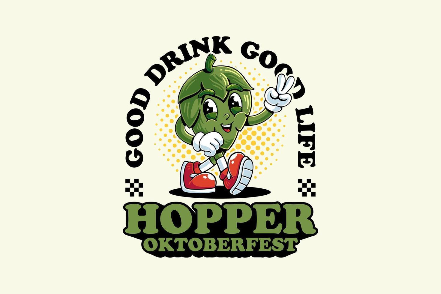 hop plant brewery retro cartoon funny character illustration with walking pose and showing peace hand for brewery, food and beverage mascots and sticker and apparel design elements vector