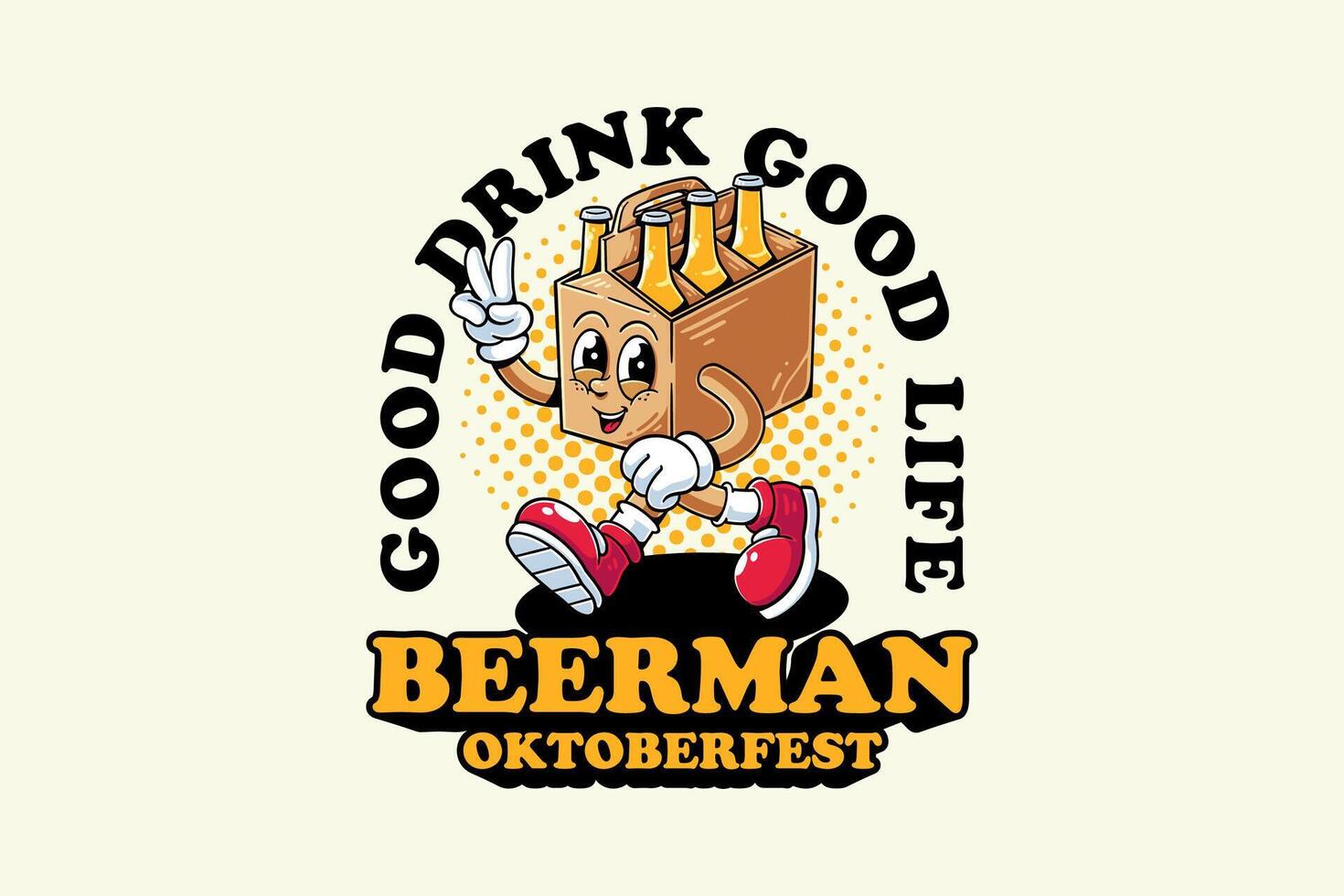 a box of beer bottles retro cartoon funny character illustration with walking pose and showing peace hands for brewery, food and beverage mascots and sticker and apparel design elements vector