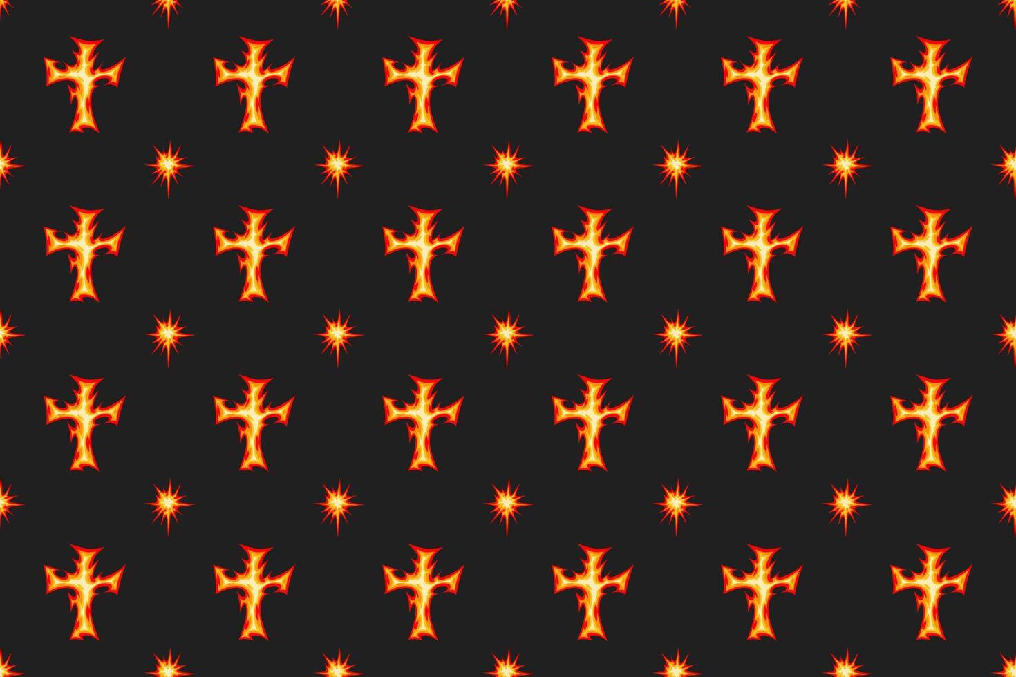 retro cross fire and burst seamless pattern for print on textile, wrapping,banner, card. old school cross flaming and star pattern on black background. groovy red cross flame seamless pattern vector
