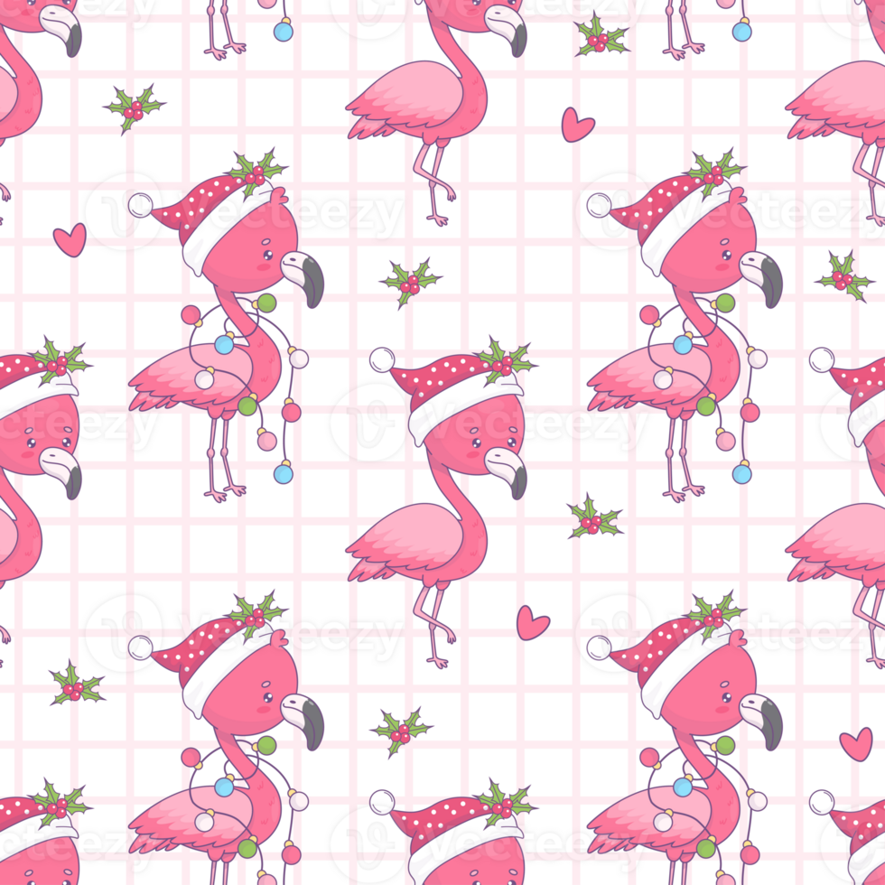 Seamless pattern with Christmas pink flamingo png