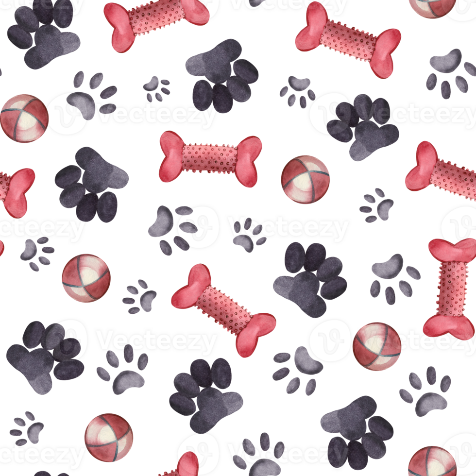 Seamless pattern. Traces of dogs and cats, animal toys, dog bones, balls, all objects are handed manually by watercolor on a white background. Suitable for printing on fabric, paper, packaging png