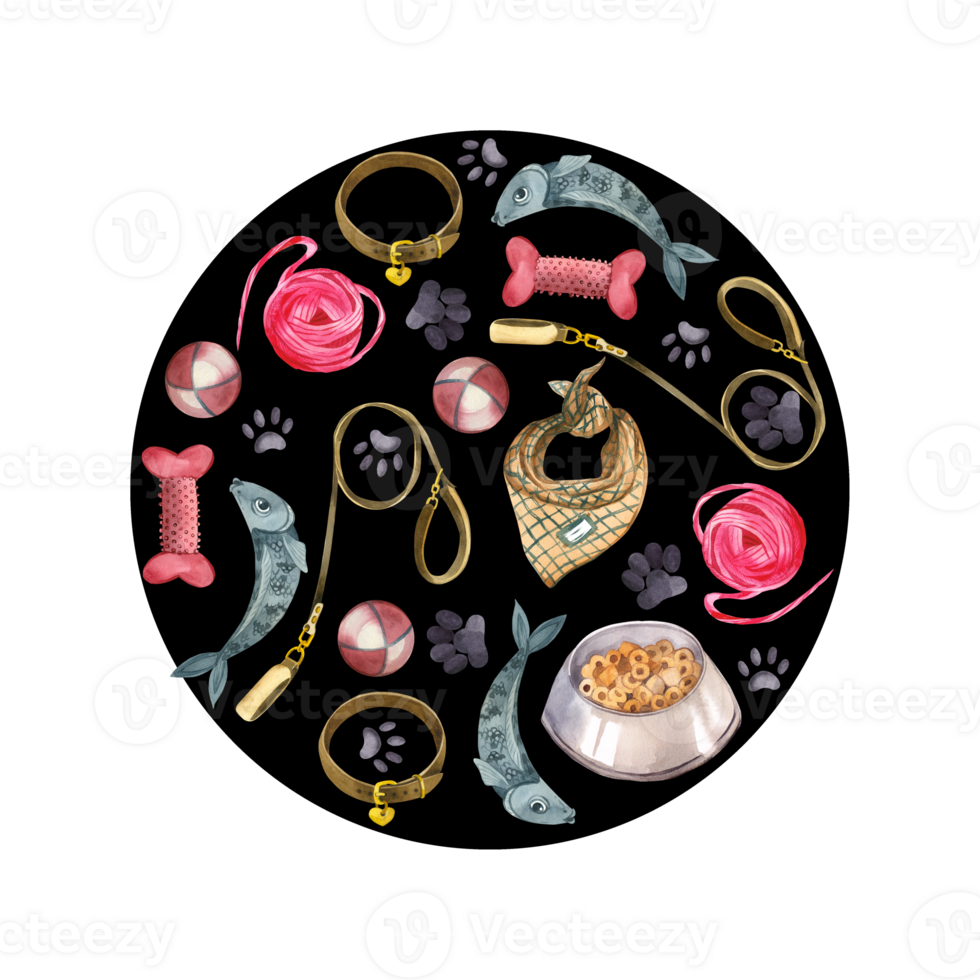Pets, round composition of pet accessories. Toys, leash, collar, bowl with food, ball, rubber bone. All objects are hand-drawn with watercolors. For packaging, logo, printing on fabric and paper png