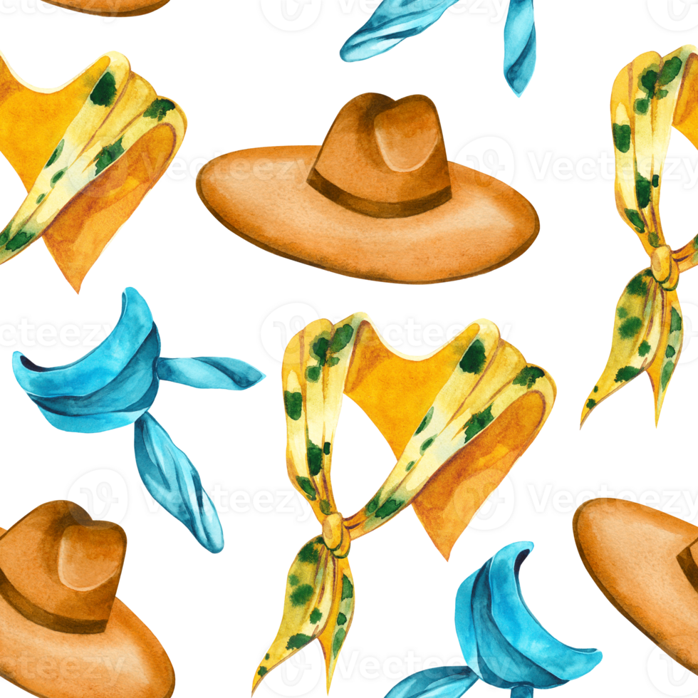 Seamless watercolor pattern on the topic of fashion. Slaps and shawls, a hat with wide fields, all objects are painted by hand with a watercolor. Suitable for printing on fabric, paper, for design png