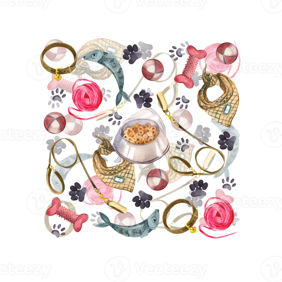 Watercolor illustration. Pet accessories, rubber bones, play ball, dog leash, collar, dog and cat food, all objects are hand painted with watercolor. For printing on fabric, paper png