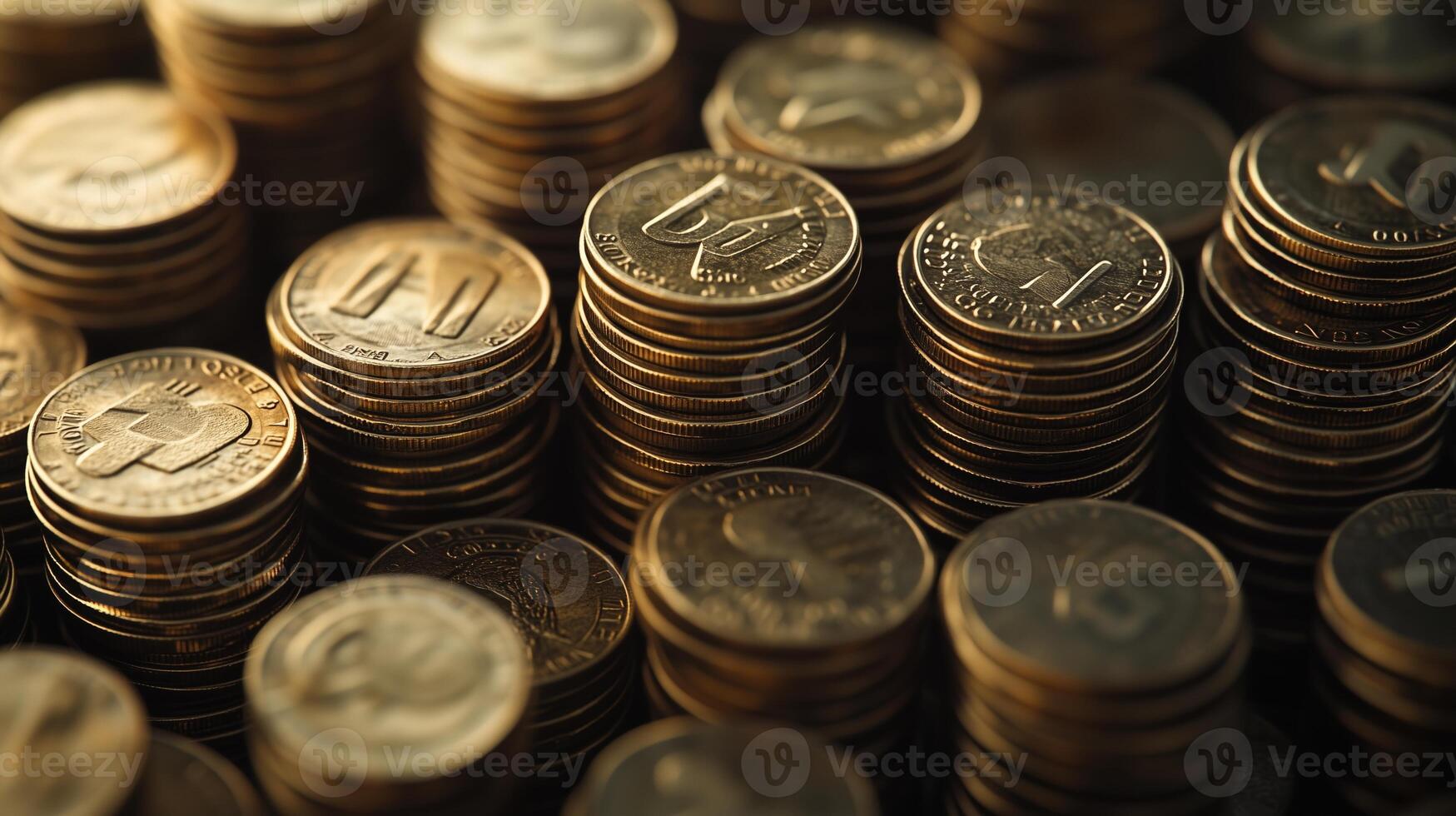 Close-up of stacks of coins, gold and silver currency. photo