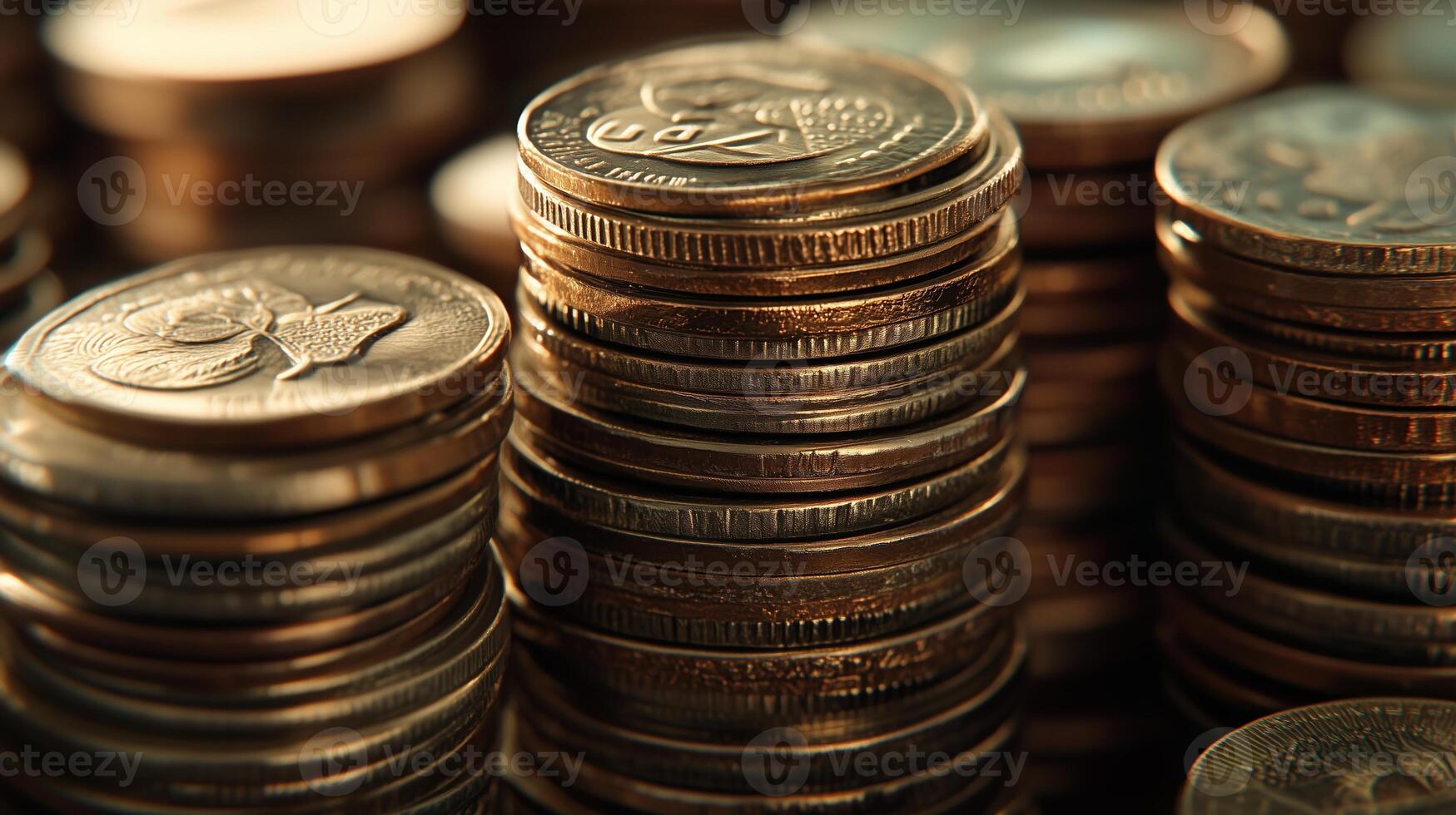Close-up of stacks of coins, gold and silver currency. photo