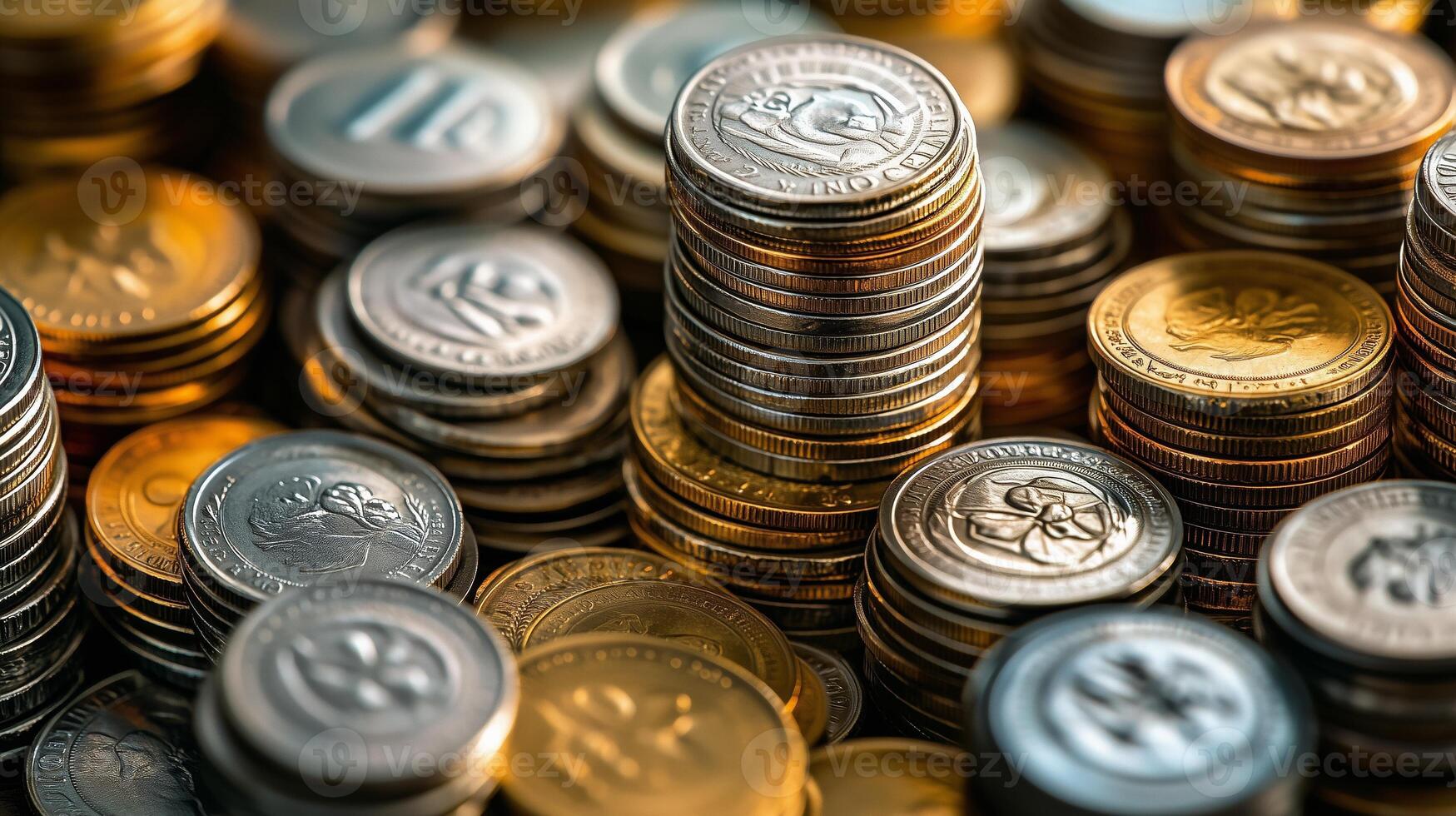 Close-up of stacks of coins, gold and silver currency. photo