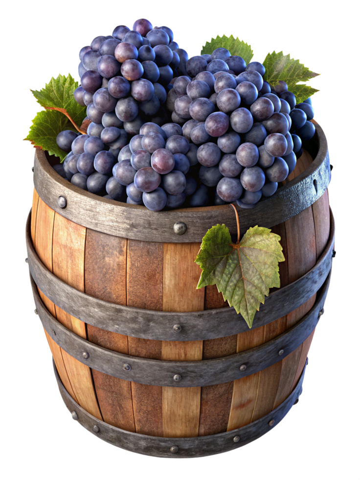 Grapes Piled High in a Wooden Barrel png