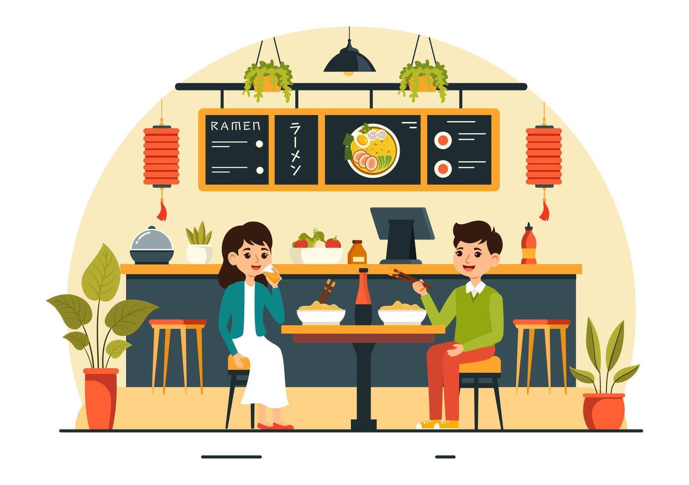 Ramen Illustration of Japanese Food featuring Noodles, Chopsticks, Miso Soup, Boiled Egg, and Grilled Nori in a Flat Background vector