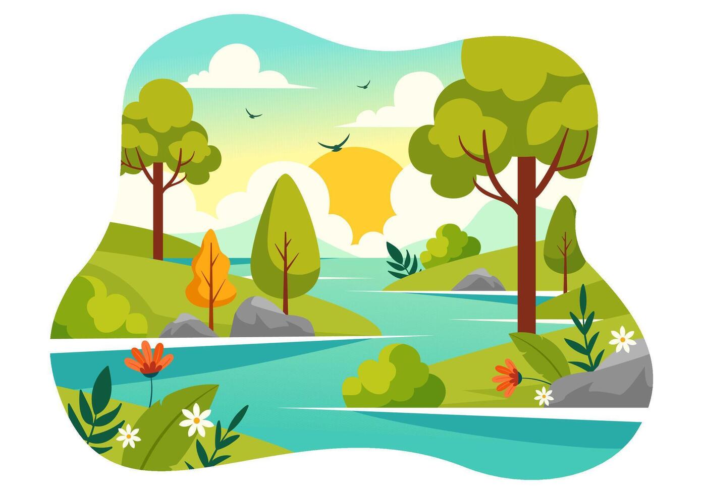 Illustration of a River Landscape with Mountain Views, Green Fields, Trees, and Forests Surrounding the Rivers in a Flat Cartoon Background vector