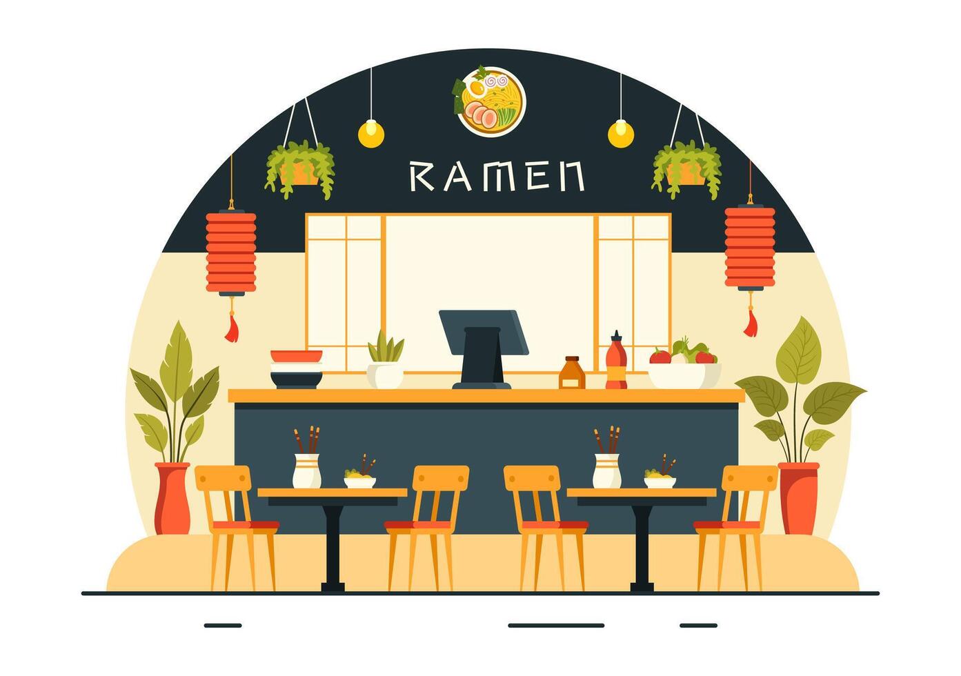 Ramen Illustration of Japanese Food featuring Noodles, Chopsticks, Miso Soup, Boiled Egg, and Grilled Nori in a Flat Style Cartoon Background vector