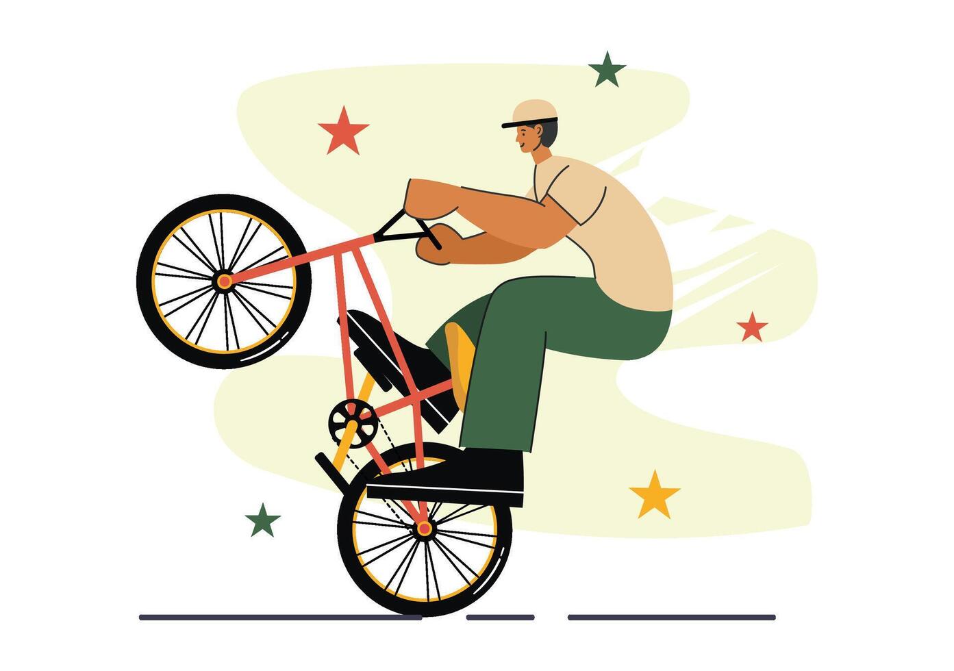 Flat style illustration of a man performing extreme BMX stunts, including jumping and standing on a cartoon background vector
