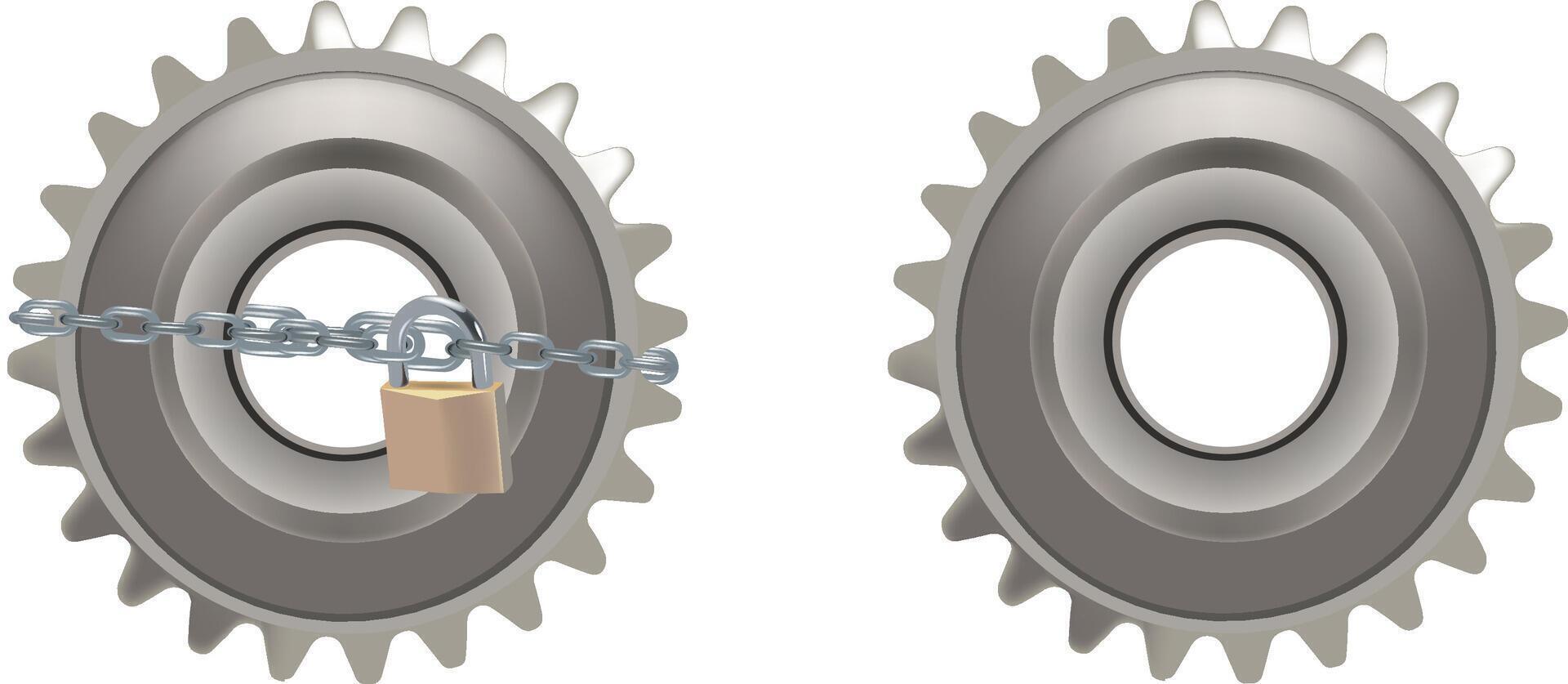toothed gear open and closed with padlock- vector