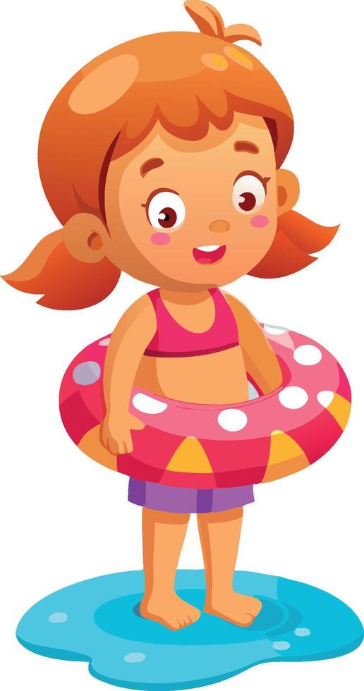Cartoon girl holding inflatable ring, getting ready to swim vector