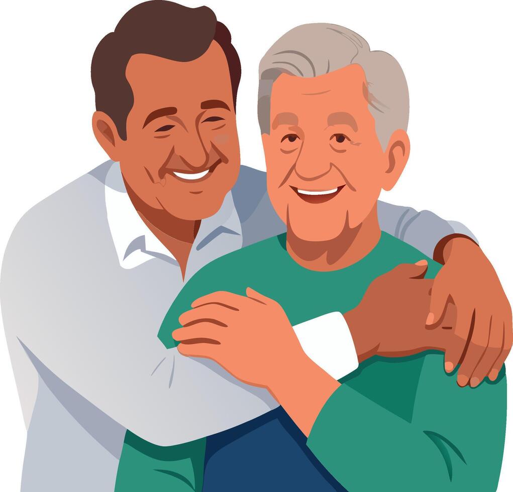 Adult son hugging senior father smiling and happy vector