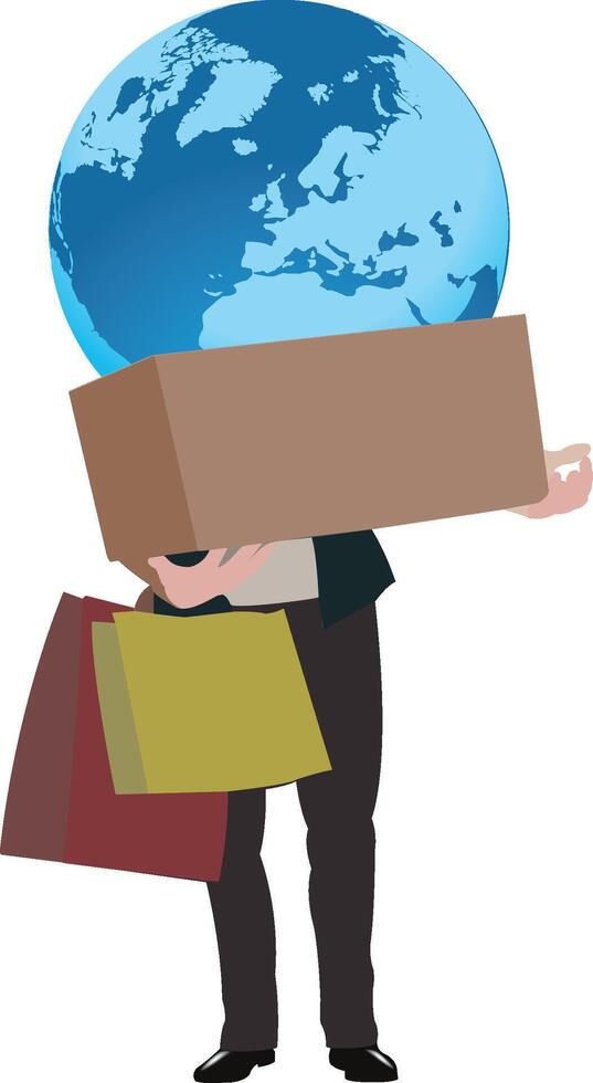 Businessman carrying world on shoulders with shopping bags vector