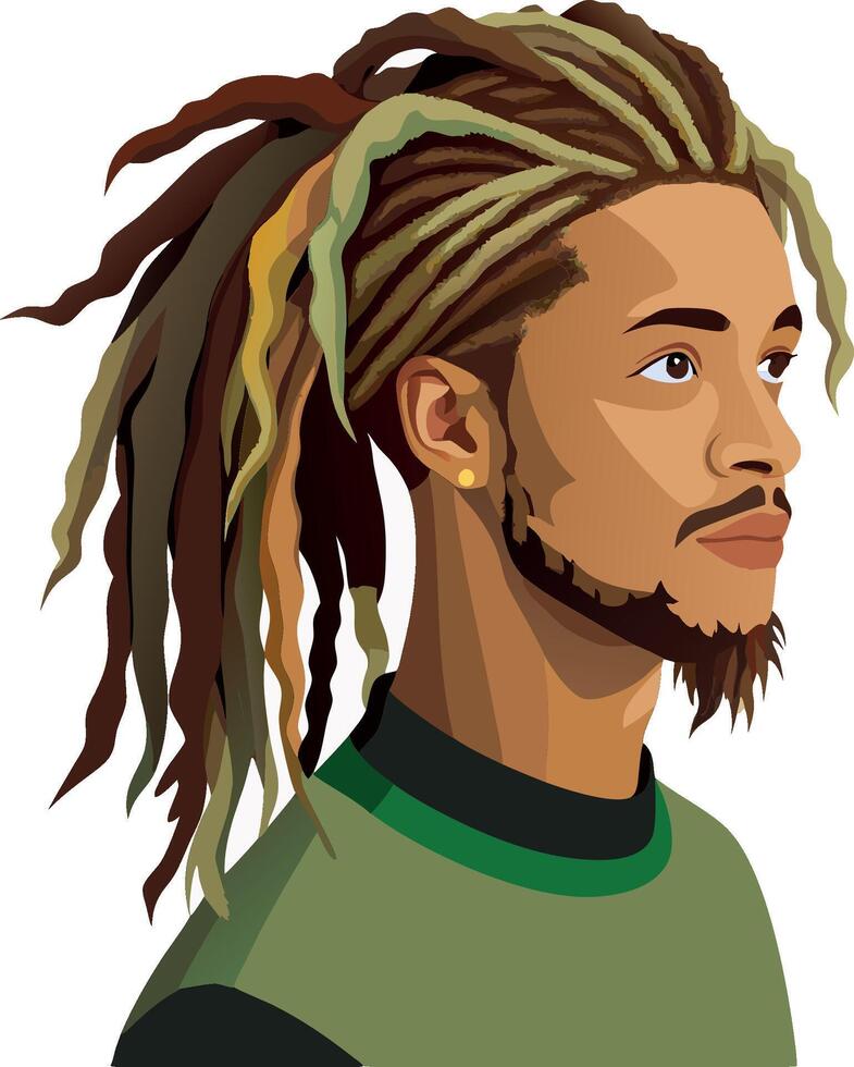 Young black man with dreadlocks is looking aside on white background vector