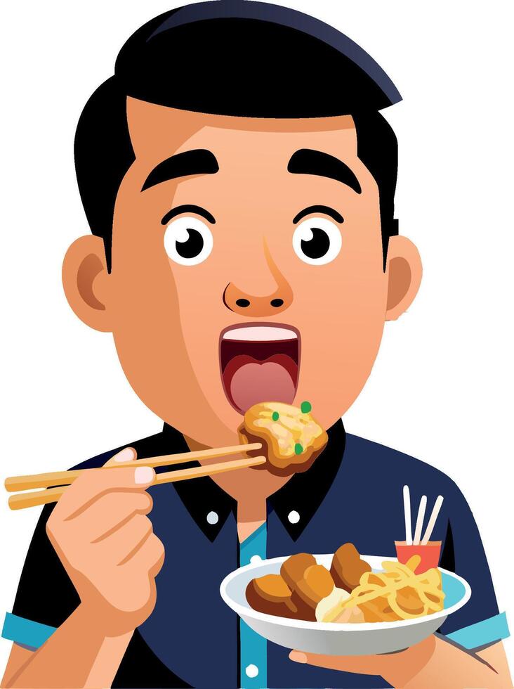 Young adult asian man is holding a bowl and eating with chopsticks- vector