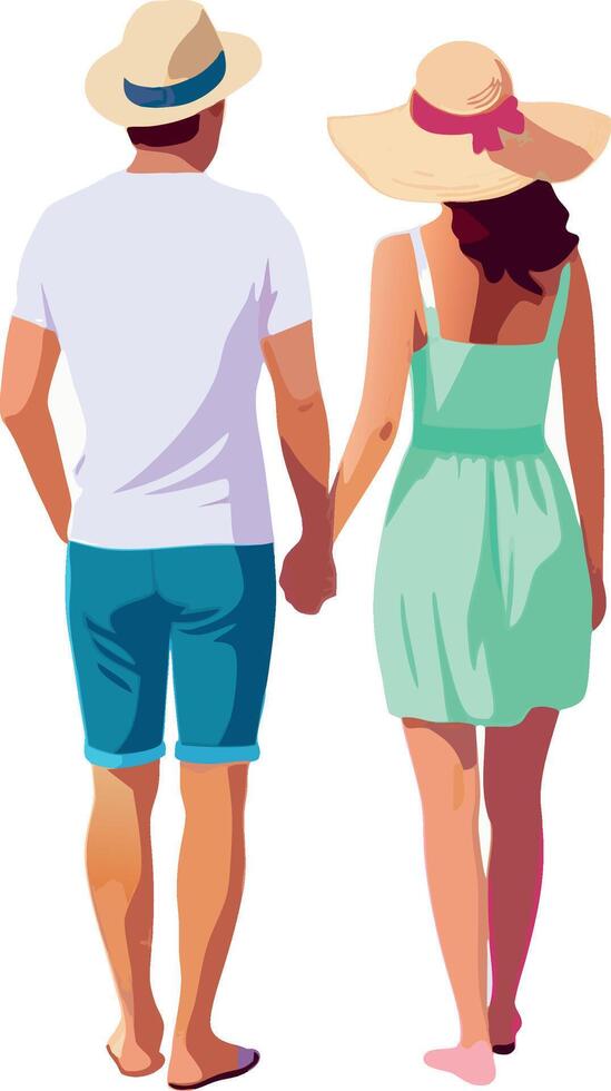 Young couple wearing summer clothes holding hands walking away vector