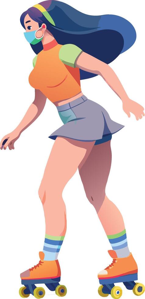 Young woman wearing protective face mask roller skating vector