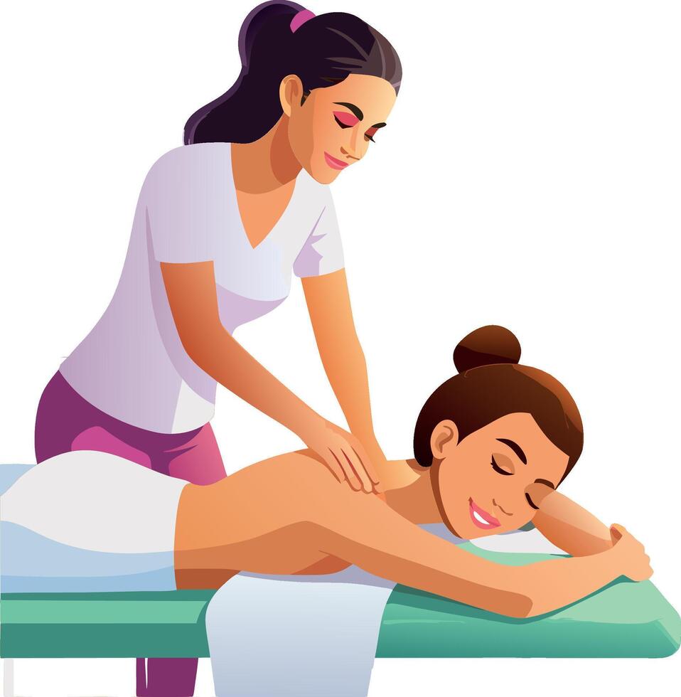 Masseuse giving back massage to woman on spa table vector