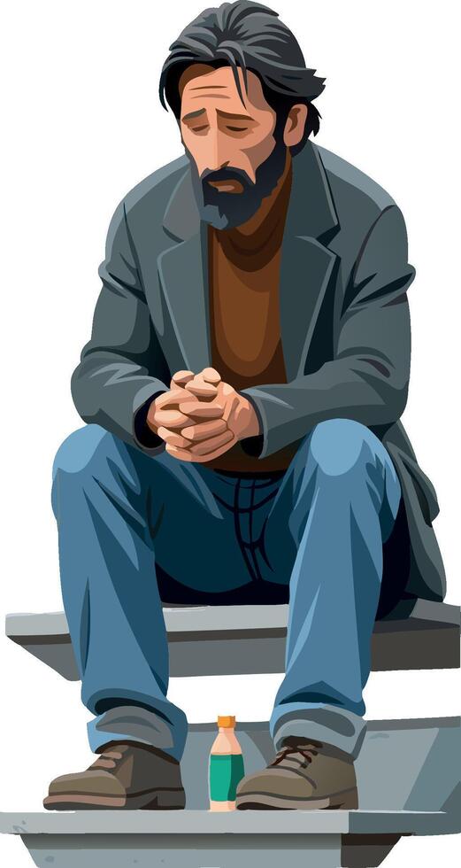 Sad mature man sitting on stairs holding his hands together- vector