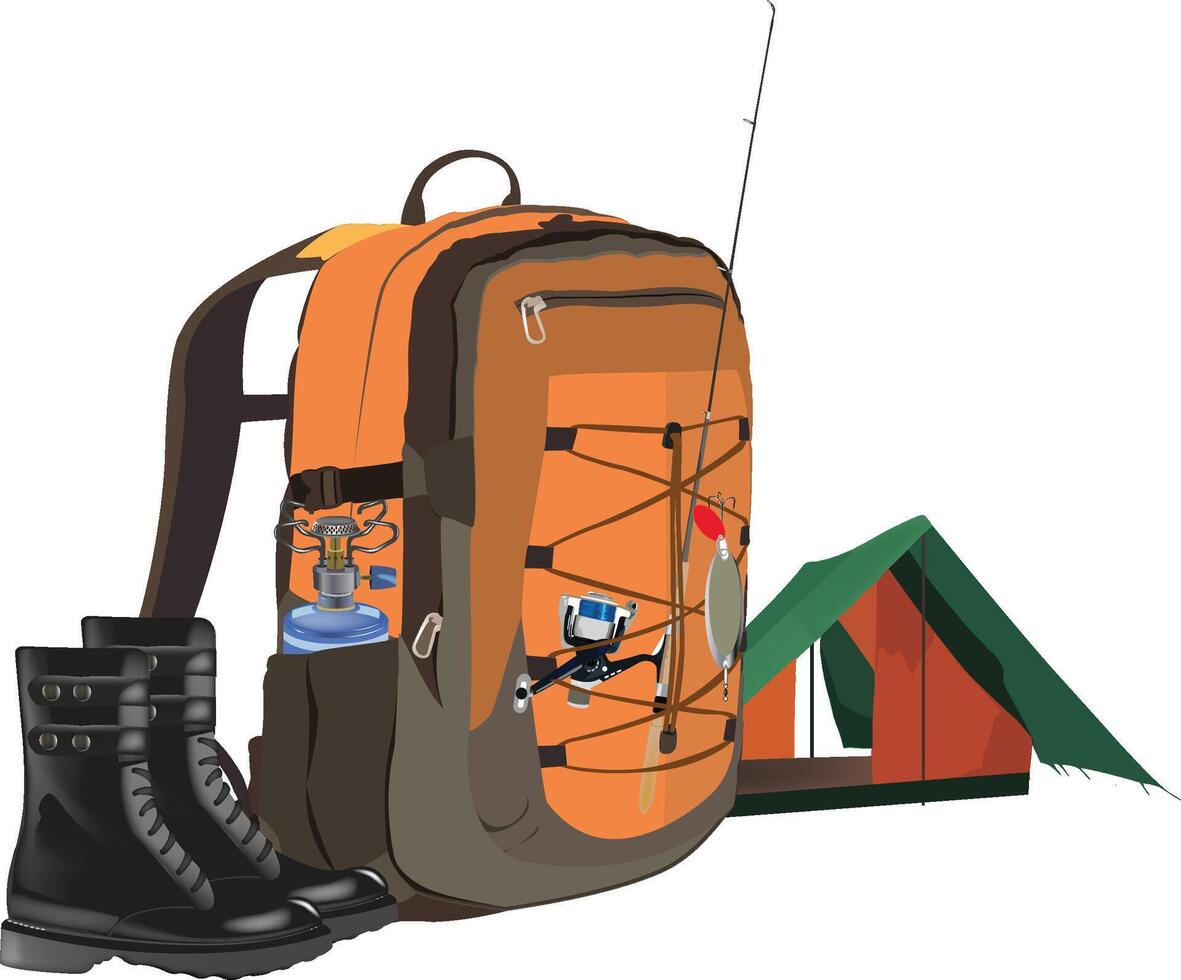 Backpack full of camping and fishing gear for weekend adventure vector