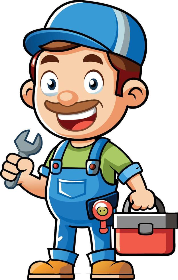 Smiling cartoon plumber holding wrench and carrying toolbox vector