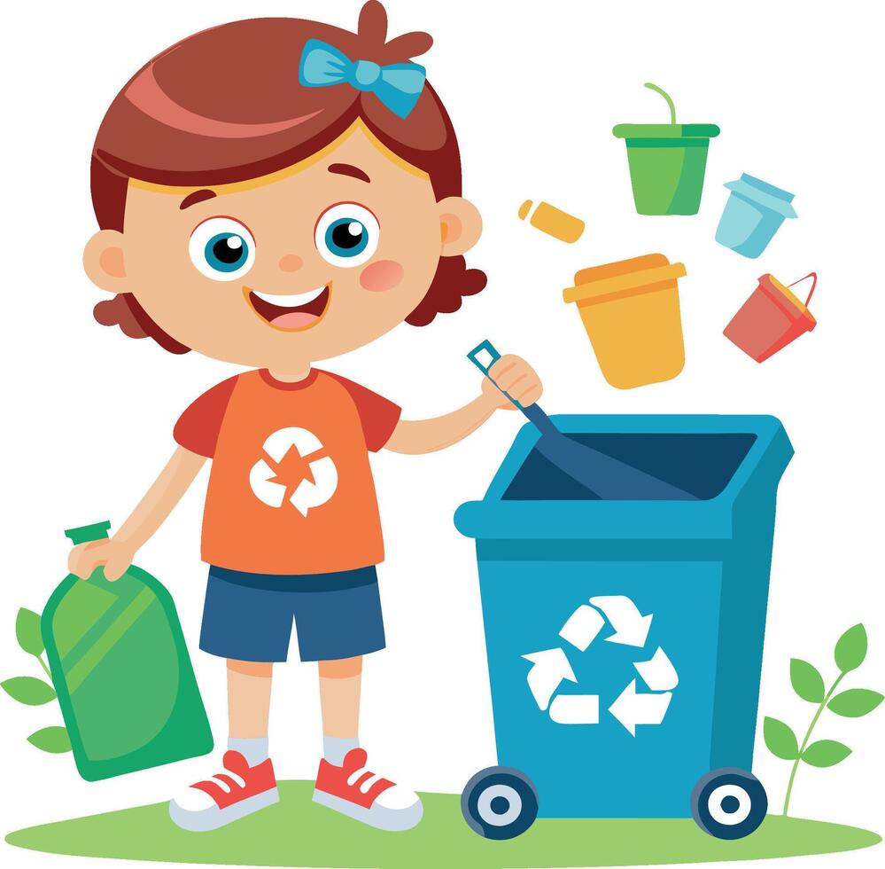 Happy little girl throwing organic waste in recycling bin vector